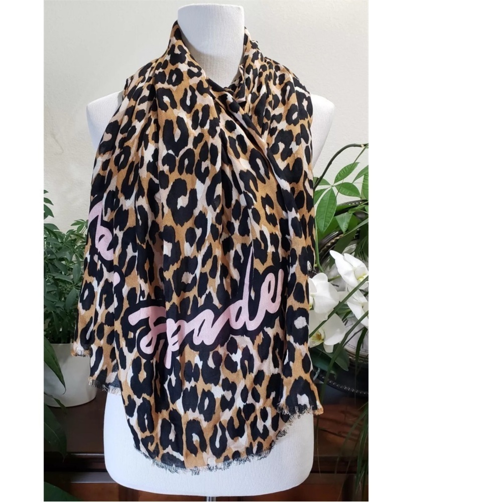 NEW KATE SPADE NY Scarf Logo Women Viscose Brown Leopard Animal Print Fringe 29” - Picture 2 of 7